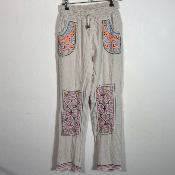 Womens XL Beige Embroidered Boho Hippie Mola Cotton Pants Drawstring Waist - Picture 1 of 9